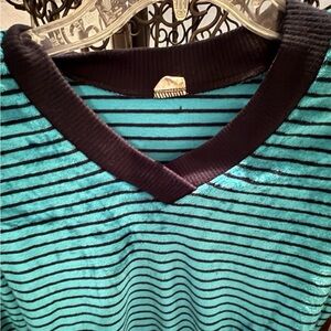 Teal and Black Striped V-Neck Top Vintage has a velour feel
